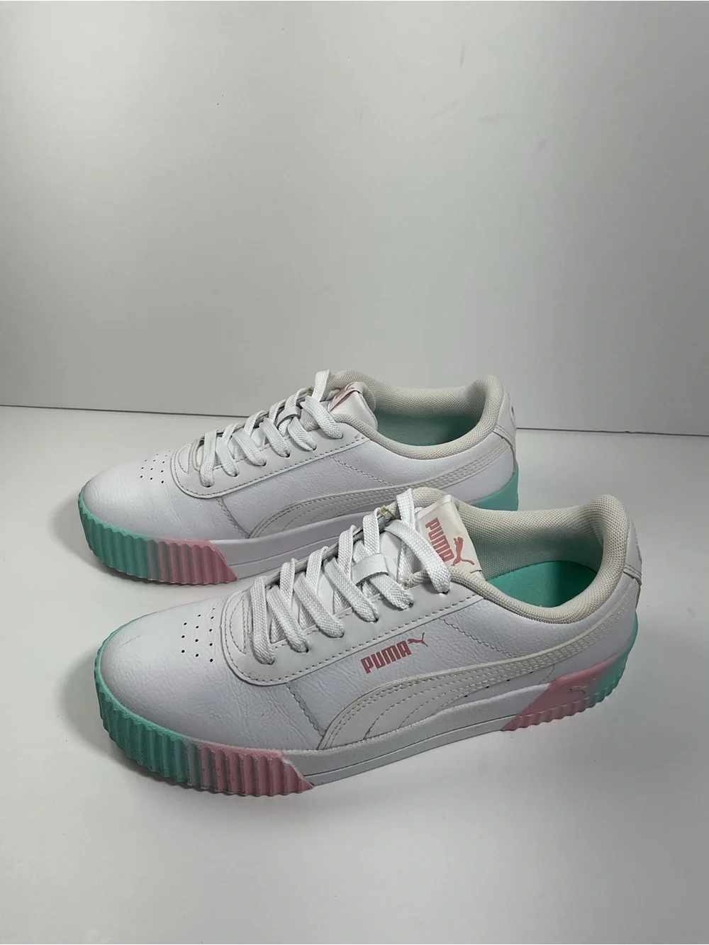 Puma Carina 2.0 White Pink Mint Leather Sneakers Women’s Size 8 Casual Shoes